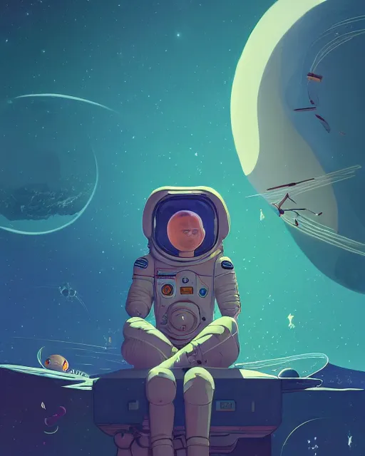 Prompt: wide shoot portrait of ethereal cosmonaut lie relaxed on a crescent moon between the stars and the planets in outer space, cosmonaut post grunge concept art,high detail,4k, trending on artstation by josan gonzalez, wlop and tyler edlin