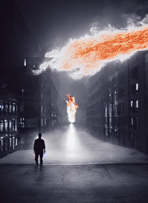 Prompt: City on fire flowing flames lone man walking, Mads Berg, Karolis Strautniekas, James Yang, film noir, stippled light, dramatic lighting,editorial illustration, detailed, matte print, dark blue, dark orange, white, red