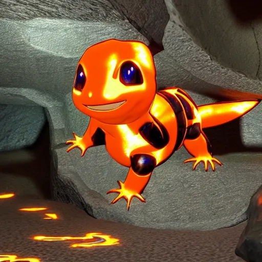 Prompt: cybertronic metallic Charmander, in a cave, unreal engine