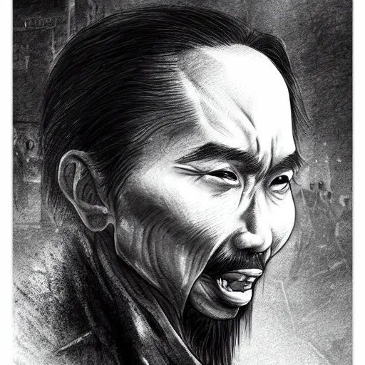 Image similar to black and white pencil portrait of a ho chi minh, vampire wizard, dark asian city street background, trending artstation, relaxed expression, dark lighting, high detail