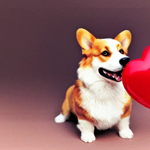 Prompt: a corgi with a heart shaped balloon, high quality, sharp focus, photo by annie leibovitz