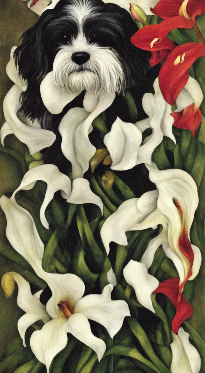 Image similar to portrait of a havanese dog with calla lillies, mexico, painting # by diego rivera 1 9 3 5