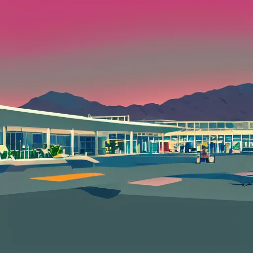 Image similar to a beautiful illustration of palm springs airport by James gilleard, artstation HD, geometric lines, HD, 4k, 8k