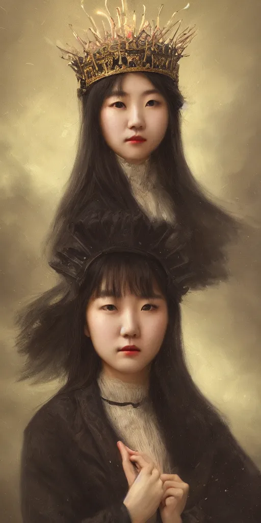 Prompt: Highly detailed and cinematic romantic period oil painting of dense smokey foggy atmosphere with a beautiful Korean girl wearing a neon glowing crown, an oil painting masterpiece by Josep Tapiró Baró, RPG portrait, dynamic lighting, 8K