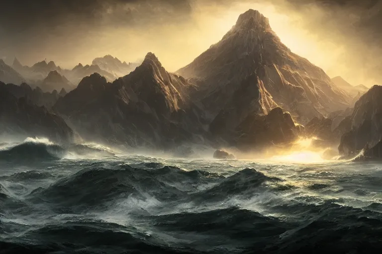 Image similar to giant Cthulhu, photorealistic, long shot, epic, horizon mountain over water by Andree Wallin