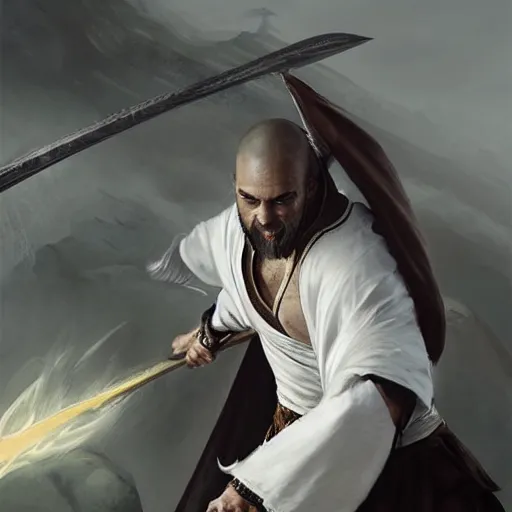 Prompt: a portrait of a dragonborn monk with draconic face and a black top - knot, in a plain simple cheap white monk's robe white robe, thrusting a long spear with a black tip before him, fantasy art by greg rutkowski