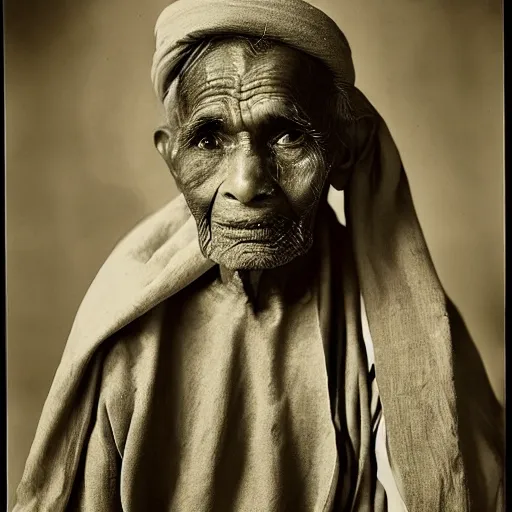 Image similar to photo, portrait of 100 year old Indian holy man by richard avedon, realistic, Leica, medium format, cinematic lighting, wet plate photography, parallax, high resolution,