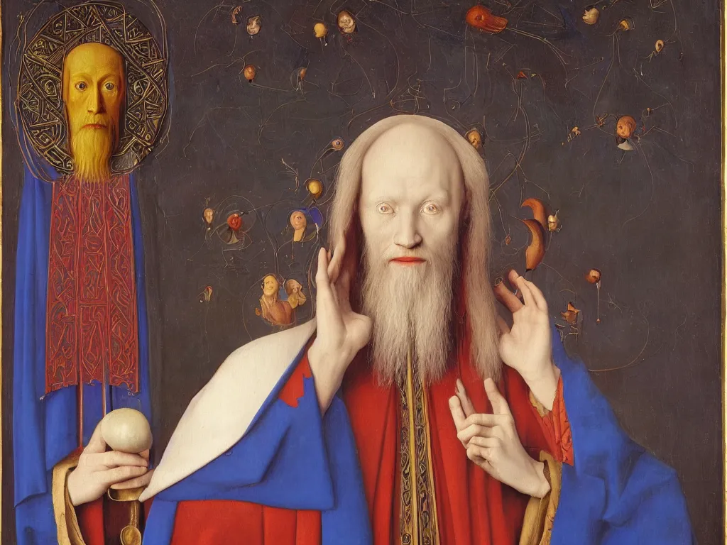 Image similar to Portrait of albino mystic with blue eyes, with Christian Orthodox icon. Painting by Jan van Eyck, Audubon, Rene Magritte, Agnes Pelton, Max Ernst, Walton Ford