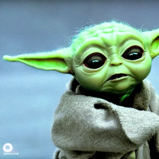 Prompt: a film still of baby yoda wearing 1 9 9 0 s hip hop clothing realistic, detailed