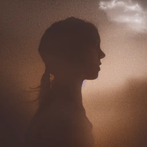 Image similar to a girl made out of clay surrounded by a biomorphic clouds in rolling hills, 5 0 mm lens, f 1. 4, sharp focus, ethereal, emotionally evoking, head in focus, volumetric lighting, 8 k