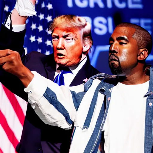 Image similar to donald trump and kanye west shooting guns in outer space