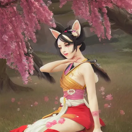 Image similar to a woman with fox ears and multiple fox tails wearing a shrine maiden outfit standing under a cherry blossom tree, full body shot, d & d, fantasy, beautiful, highly detailed, digital painting, artstation, concept art, matte, sharp focus, illustration, hearthstone, art by artgerm, greg rutkowski, alphonse mucha