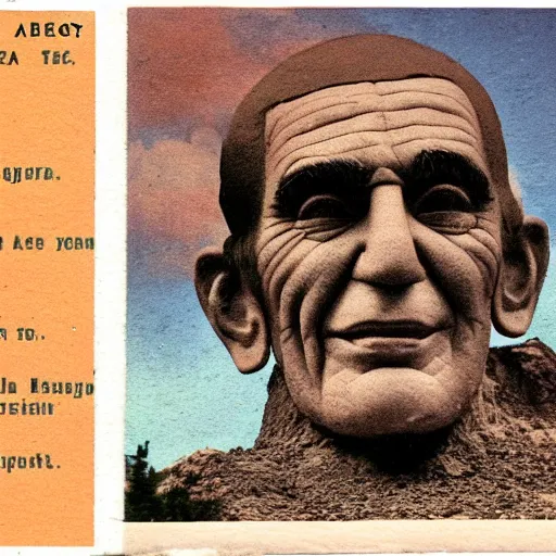 Image similar to old color postcard : abe vigoda's face carved into a mountainside, 6 0 0 feet tall.