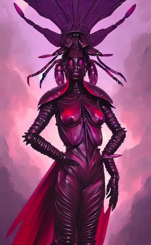 Image similar to Gothic crustacean princess in red and purple chitin armor, sci-fi, highly detailed, digital painting, artstation, concept art, smooth, sharp focus, illustration, art by artgerm and greg rutkowski and alphonse mucha