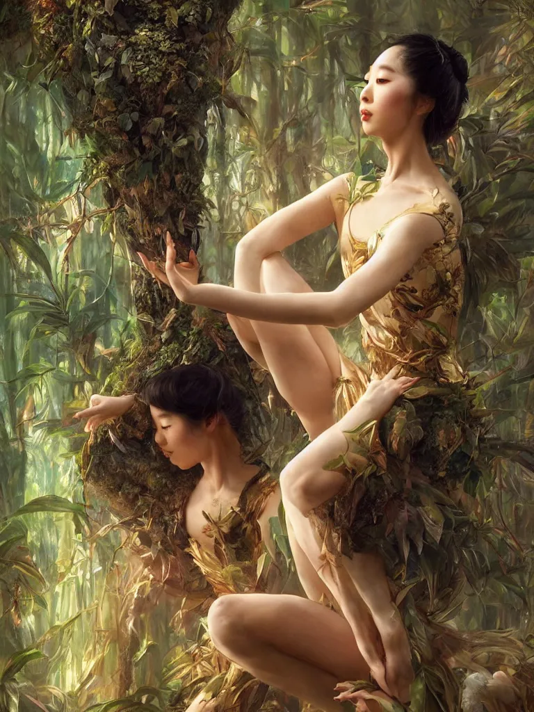 Image similar to stunningly beautiful, asian prima ballerina in jungle, symmetrical face, golden hour, smooth, focus, highly detailed, hyper realistic, dramatic lighting, elegant, intricate, concept art, art by wlop, mars ravelo, greg rutowski