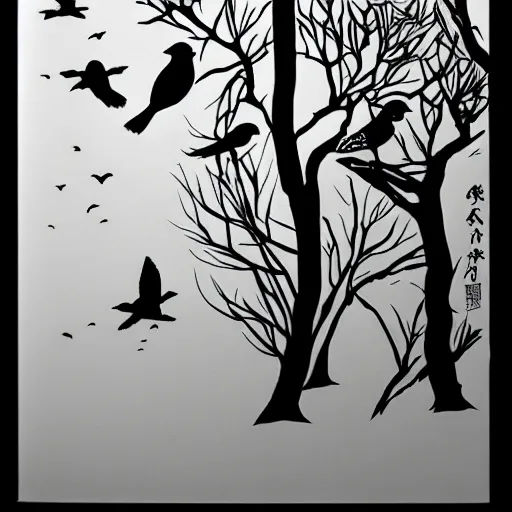 Prompt: zen, forest, birds, ink