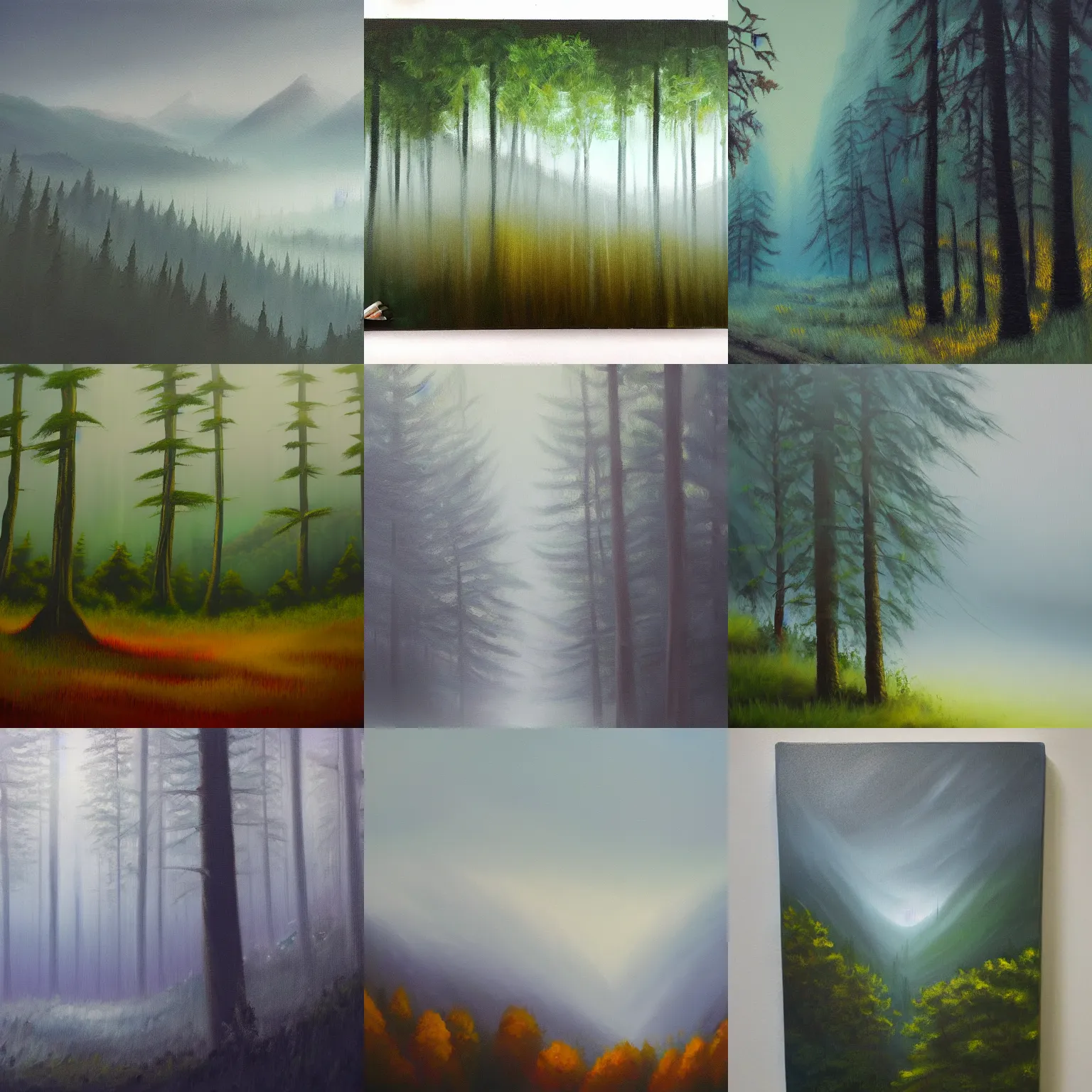 Prompt: award - winning acrylic painting misty landscape forest mountainous trending on artstation