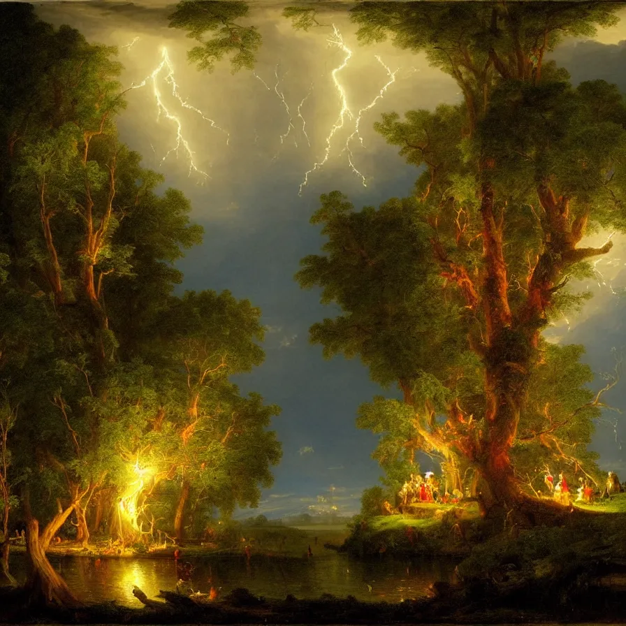 Image similar to a night carnival around a magical tree cavity with a rounded scenario with many fireworks and christmas lights, in a summer storm, next to a lake with iridiscent water, volumetric lightning, folklore people disguised as fantastic creatures in a magical forest by summer night, masterpiece painted by thomas cole, scene by night, dark night environment, refraction lights, glares