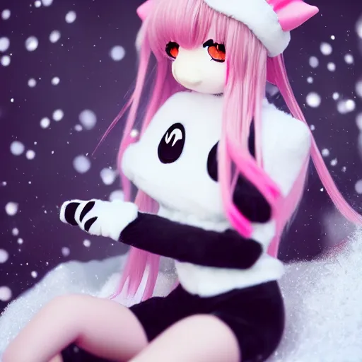 Image similar to cute fumo plush of a popstar cat girl, anime girl, idol, tomboy, artstation, bubblegum pop, black and white, snowing, vray