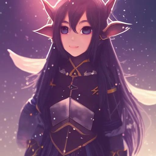 Prompt: adorable young cute anime elf girl, long black hair, detailed fantasy armor, symmetrical face. beautiful spark eyes. beautiful lineart. bokeh pixiv # 1 ranking depth focus, chromatic aberration, noise, soft lighting, srgb, 4 k, cinematic