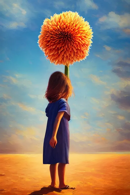 Image similar to closeup girl with huge dahlia flower head, on beach, surreal photography, blue sky, sunrise, dramatic light, impressionist painting, digital painting, artstation, simon stalenhag