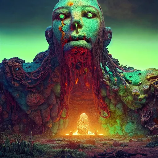 Image similar to ancient giant dead god being made of opal in desolate and lush landscape, moody, :: by Jeff Koons, Dan McPharlin Daniel Merrian :: ornate, dynamic, particulate, rich colors, intricate, elegant, highly detailed, centered, artstation, smooth, sharp focus, octane render, 3d