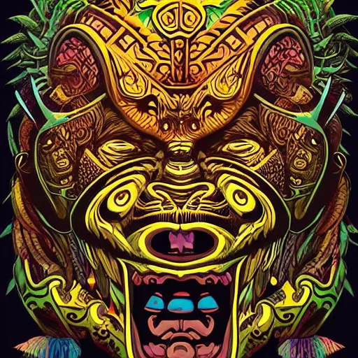 Prompt: barong family member with happy face, wiwek, mara demon, one single tribe member, jungle, one single mask, dark, ancient warrior, gorilla, lizard, tribal, inner glow, art by dan mumford and justin gerard