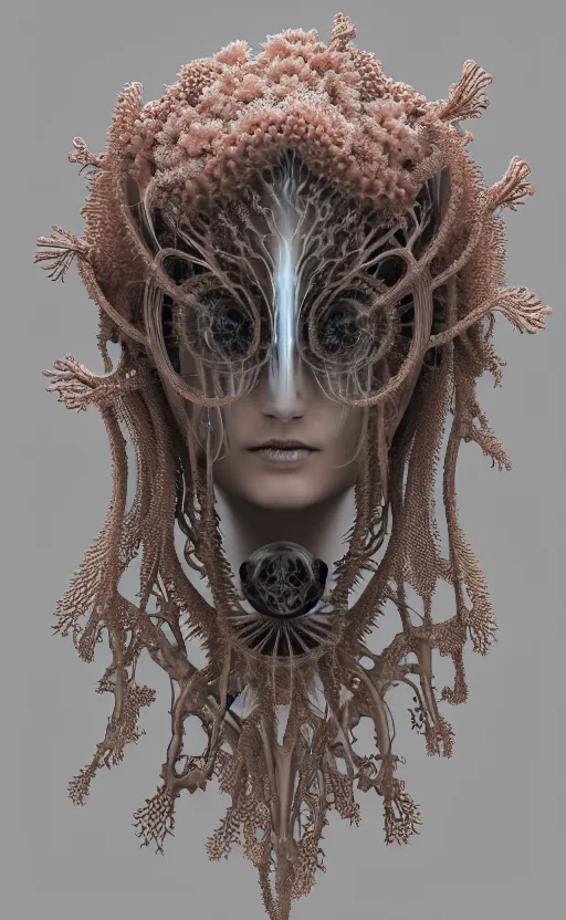 Prompt: intricate gothic girl mask, eagle coral, jelly fish, mandelbulb 3 d, fractal flame, octane render, cyborg, biomechanical, futuristic, by ernst haeckel