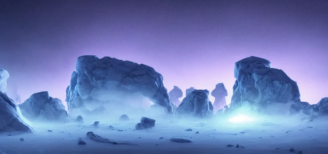 Prompt: dramatic view of an alien ice planet at night, nebula sky, giant monolithic water glass ice formations with raytraced refraction and reflection, shiny sparkling glowing dust, fog, dramatic lighting, ultra detailed, sharp, ambient occlusion, bloom, raytracing, vibrant, vivid colors, 3 d artstation render, cgsociety, by dylan cole and jordan grimmer