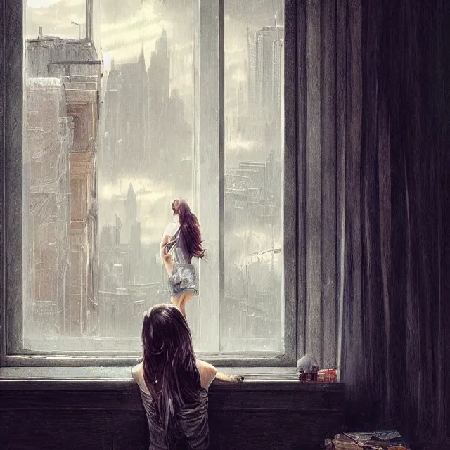 Prompt: window, eye, women, buildings, surprise, scared, couch by wlop, artgerm, greg rutkowski