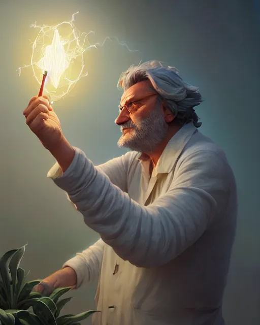 Image similar to highly detailed vfx portrait of beppe grillo casting a light spell, unreal engine, greg rutkowski, loish, rhads, beeple, makoto shinkai and lois van baarle, ilya kuvshinov, rossdraws, tom bagshaw, alphonse mucha, global illumination, detailed and intricate environment