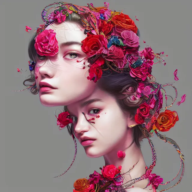 Image similar to studio portrait absurdly beautiful, elegant, graceful, young hypercolorful sensual teen girl rubies and red petals, ultrafine hyperrealistic detailed face illustration by kim jung gi, irakli nadar, intricate linework, sharp focus, bright colors, matte, octopath traveler, final fantasy, unreal engine highly rendered, global illumination, radiant light, intricate environment