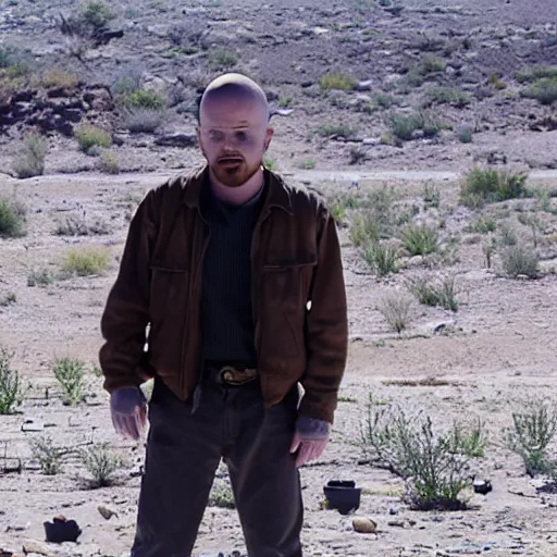 Image similar to Live Action Still of Aaron Paul dressed as and playing Walter White in Breaking Bad, real life, hyperrealistic, ultra realistic, realistic, highly detailed, epic, HD quality, 8k resolution, body and headshot, film still