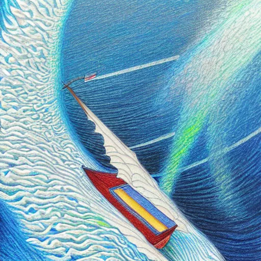 Prompt: Colored pencil art on paper, Sailboat surfing the waves, highly detailed, artstation, MasterPiece, Award-Winning, Caran d'Ache Luminance