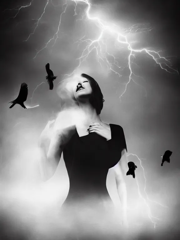 Image similar to portrait of iconic beautiful woman in sophisticated black dress keeping in hands white birds that flying apart turning to smoke and fire and dust. 35mm double-exposure photo, thick fog, daylight, deep shadows, depth of field, cinematic lightning, wide angel, eerie atmosphere, motion blur, HD, smooth and very detailed quality, masterpiece, volumetric lightning, chromatic aberration, Richard Avedon, style of Ade Santora, Tatiana Gorilovsky, cinematic composition, occult, german expressionism, masterpiece, intricate detailed, deep rich palette, wide angel shot