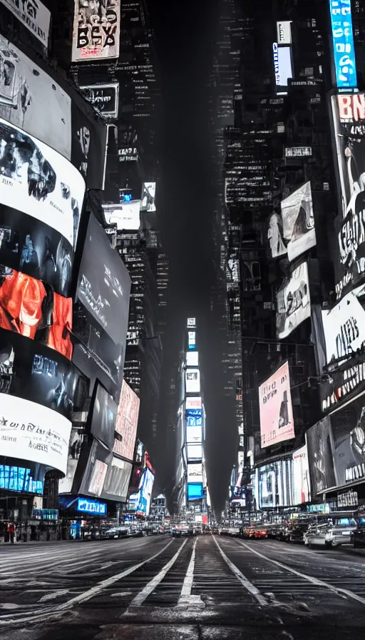 Prompt: 8k high resolution photograph of cyber punk New York Times Square on a foggy night, futuristic, wires hanging