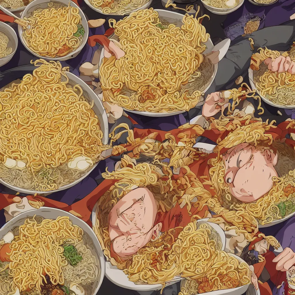 Image similar to a color manga illustration of blonde - haired naruto laying in a pile of ramen noodles in bowls, holding a large bowl of ramen and slurping up noodles. the view is top down. his mood is one of delicious bliss and naruto is the only human in the image. the image is illustrated in high colorful detail by masashi kishimoto and is very very very detailed.