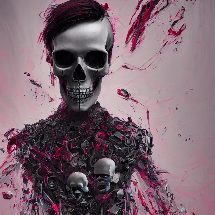 Prompt: portrait of ruby rose as a skull in a suit. intricate abstract. intricate artwork. nightmare fuel. by Tooth Wu, wlop, beeple, dan mumford. octane render, trending on artstation, greg rutkowski very coherent symmetrical artwork. cinematic, hyper realism, high detail, octane render, 8k, iridescent accents