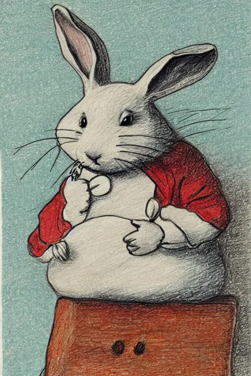 Image similar to drawing of white rabbit, holding a carrot, sitting at a desk, Beatrix Potter, turquoise