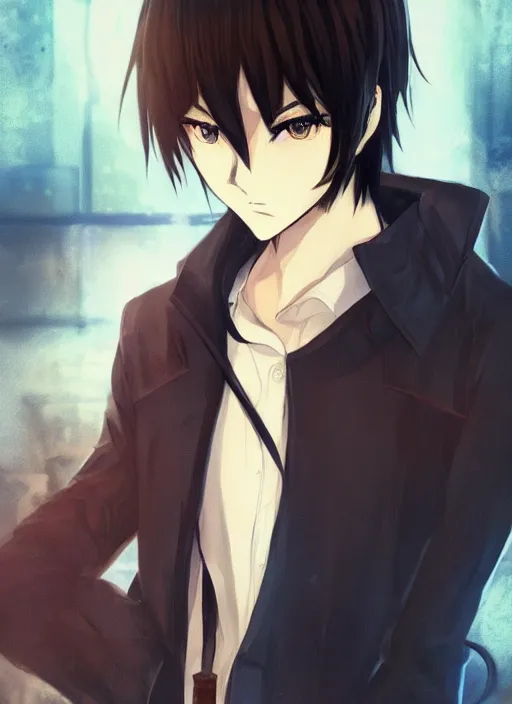 Image similar to anime style portrait, trending on pixiv, black - haired handsome male vampire, focus on face, pretty, cinematic lighting, painterly, long hair, wearing a dark blue shirt, light brown trenchcoat