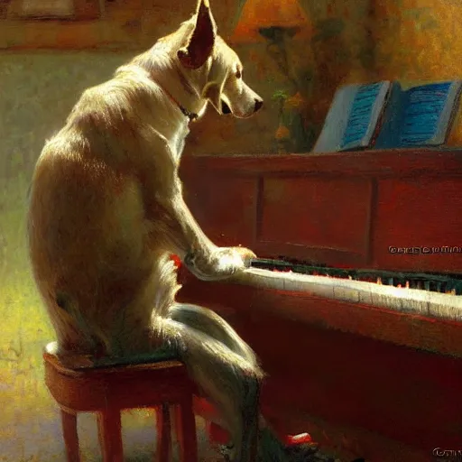Image similar to a dog playing piano by Gaston Bussiere, Craig Mullins