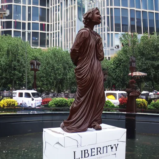 Image similar to liberty statue get sink on chocolate liquid rain, flooded with chocolate