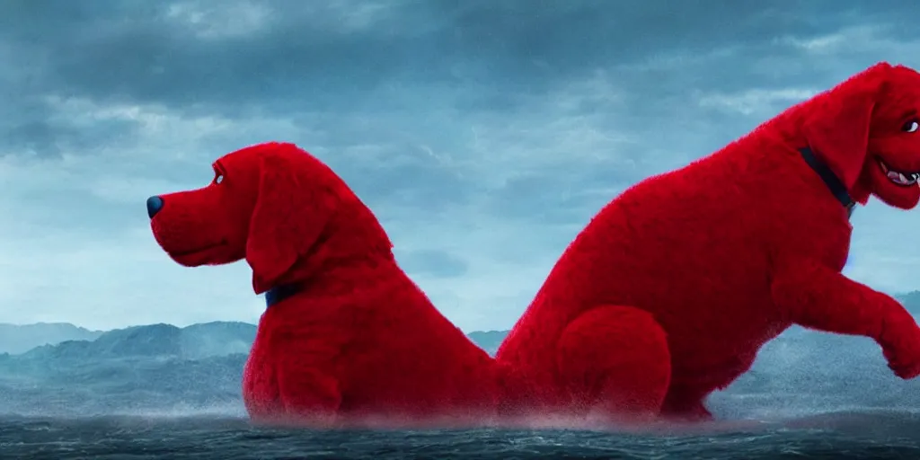 Image similar to film still of clifford the big red dog in the new godzilla movie