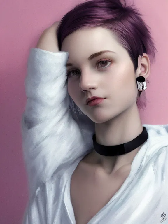 Image similar to beautiful russian girl with short pink hair and nose piercing, airpods, thin black choker, thin round earrings, winds of winter, au naturel, hyper detailed, digital art, trending in artstation, cinematic lighting, studio quality, smooth render, octane rendered, concept art, sharp focus, illustration, art by artgerm and greg rutkowski and wlop