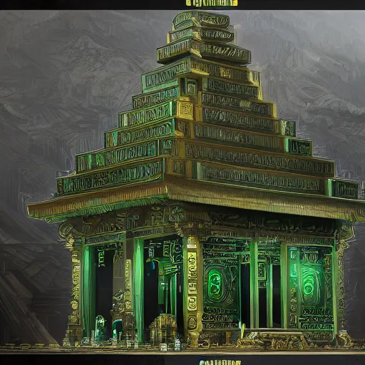 Image similar to extreme long shot of strange temple, , the building is covert with glyphs and on the top of the temple big gold design intricate, hyper detailed, trending on artstation, green tones, glow