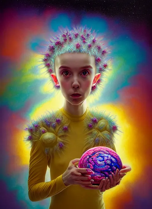 Image similar to hyper detailed 3d render of like a chiaroscuro oil painting - kawaii portrait outside spaceship (an astronaut queen with advanced suit like a skeksis from dark crystal that looks like millie bobby brown and Krysten Ritter) seen Eating of the Strangling network of yellowcake aerochrome and milky Fruit and His delicate Hands hold of gossamer polyp blossoms bring iridescent fungal flowers whose spores black the foolish stars by Jacek Yerka, Ilya Kuvshinov, Mariusz Lewandowski, Houdini algorithmic generative render, Abstract brush strokes, Masterpiece, Edward Hopper and James Gilleard, Zdzislaw Beksinski, Mark Ryden, Wolfgang Lettl, hints of Yayoi Kasuma, octane render, 8k