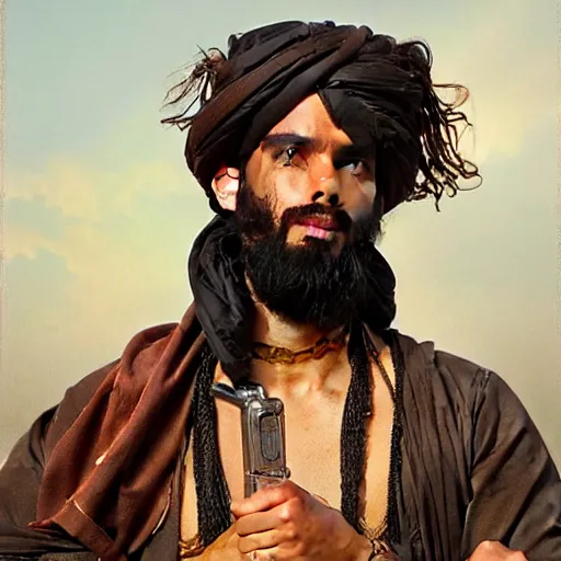 Image similar to portrait of taliban and leather men at gay pride in brighton, real life skin, intricate, elegant, highly detailed, artstation, concept art, smooth, sharp focus, art by artgerm and greg rutkowski and alphonse mucha