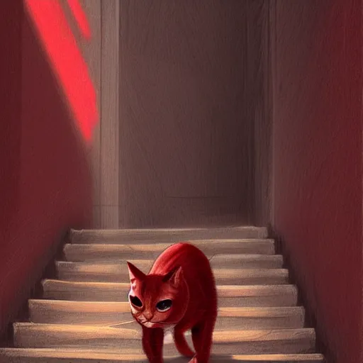 Prompt: red cat walking down the stairs, wide shot, smooth, cosy atmosphere, trending on deviantart, outdoor, daytime, long shadow, warm colors, artstation, concept art, sharp focus, illustration, masterpiece, gibli style