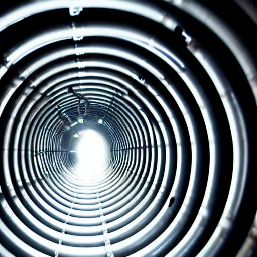Prompt: a tunnel of pipes and tubes, stretching out into an infinite abyss, dark atmosphere, horror, unsettling, 4 k, high definition,