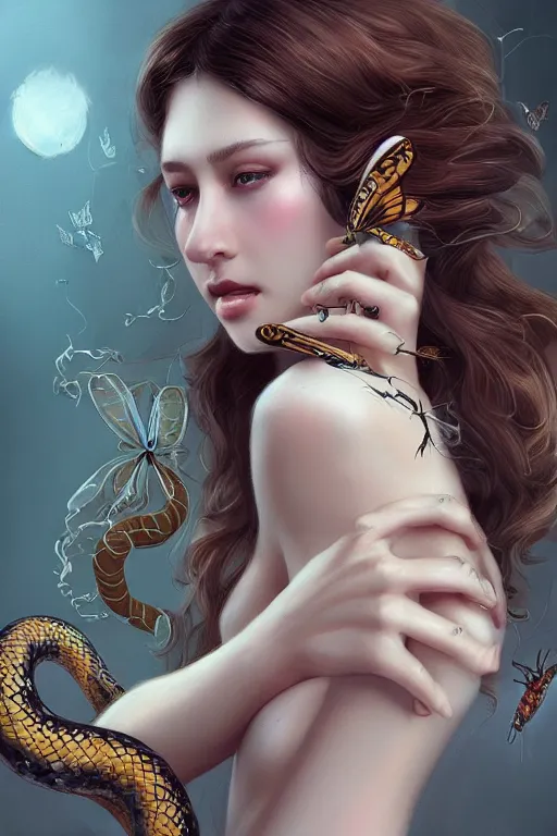 Prompt: beautiful maiden with butterfly hair and snakes, intricate, elegant, highly detailed, digital painting, artstation, concept art, smooth, sharp focus, illustration, art by WlOP